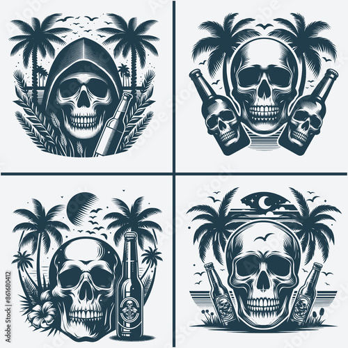 skull head with beer bootle and palm trees svg vector file