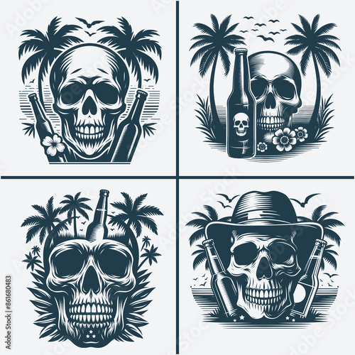 skull head with beer bootle and palm trees svg vector file
