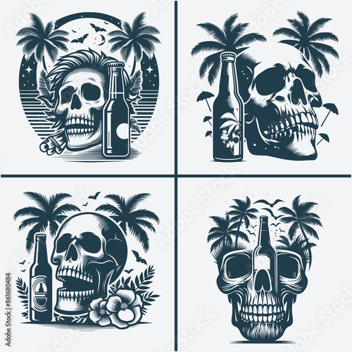 skull head with beer bootle and palm trees svg vector file