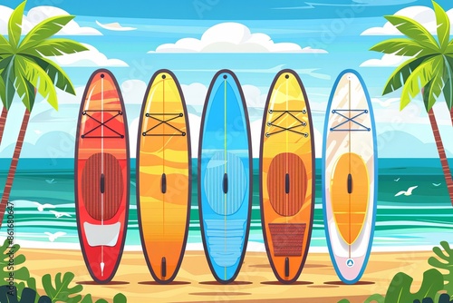 Range of Surfboards Resting on the Beach. Website Banner Concept photo