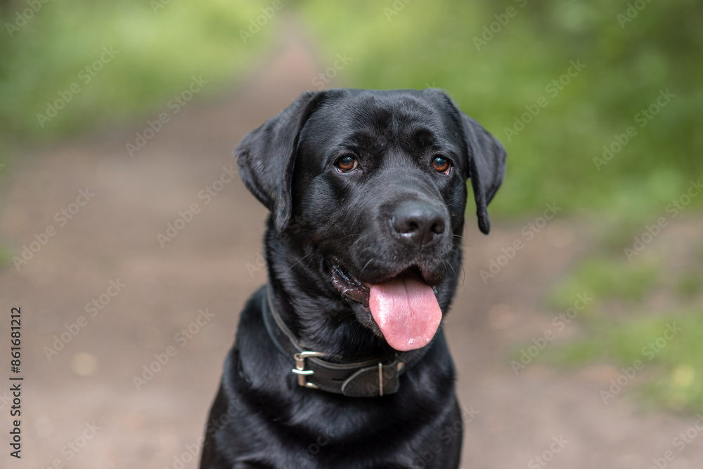 black Labrador sits on footpath in park with green trees in sunny summer day, tongue out, close-up view of muzzle, dogwalking concept black Labrador sits on footpath in park with green trees in sunny summer day, tongue out, close-up view of muzzle, dogwalking concept