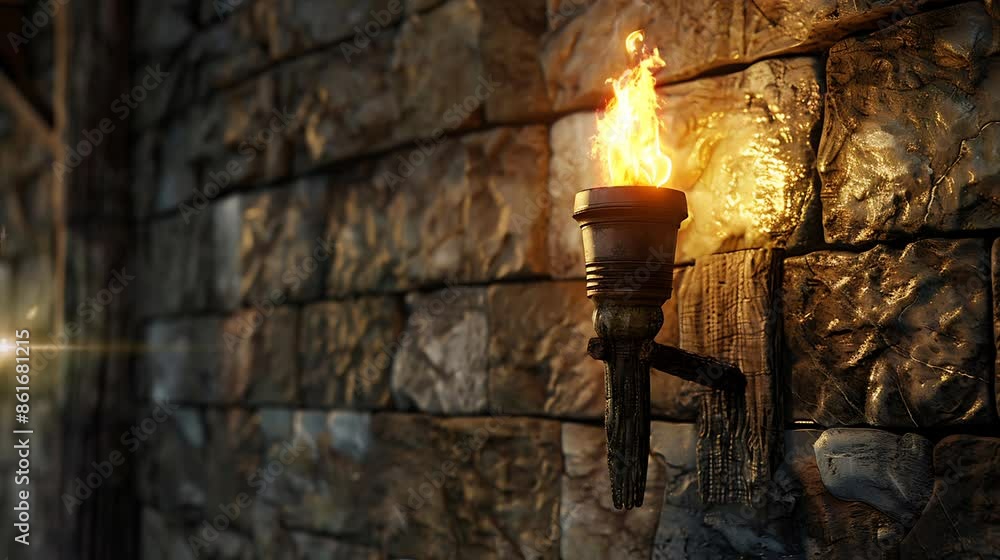 Time-lapse of a medieval torch casting a warm glow in a banquet hall. Seamless loop