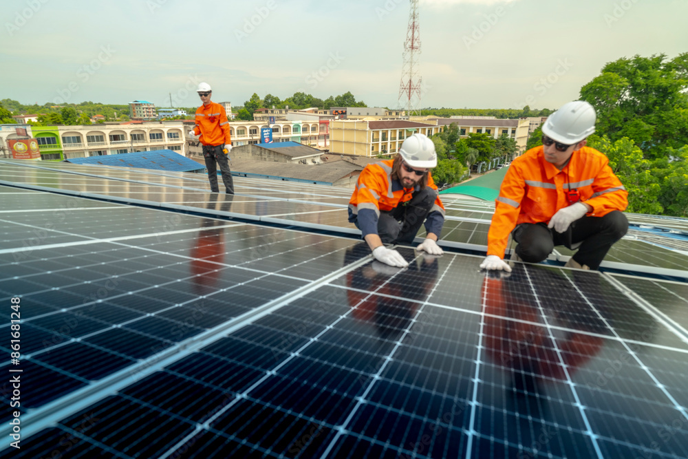 engineer man inspects construction of solar cell panel or photovoltaic cell by electronic device. Industrial Renewable energy of green power. factory worker working on tower roof. engineer man inspects construction of solar cell panel or photovoltaic cell by electronic device. Industrial Renewable energy of green power. factory worker working on tower roof.