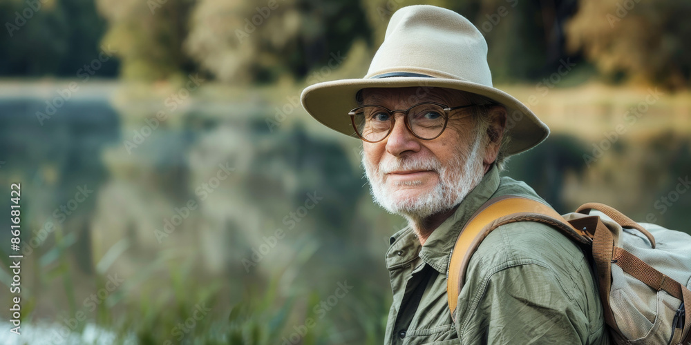 Elderly man in a hat and with a backpack on his back stands by a lake in the forest, preparing to go fishing. Copyspace Elderly man in a hat and with a backpack on his back stands by a lake in the forest, preparing to go fishing. Copyspace