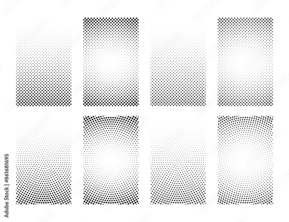 Set of vertical banners halftone pattern stars, star gradation dots, star particles texture background Set of vertical banners halftone pattern stars, star gradation dots, star particles texture background