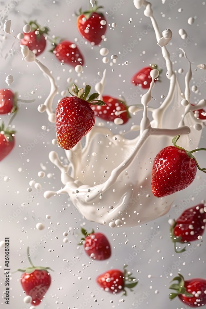 Super slow motion shot of fresh strawberries falling into swirling cream Super slow motion shot of fresh strawberries falling into swirling cream