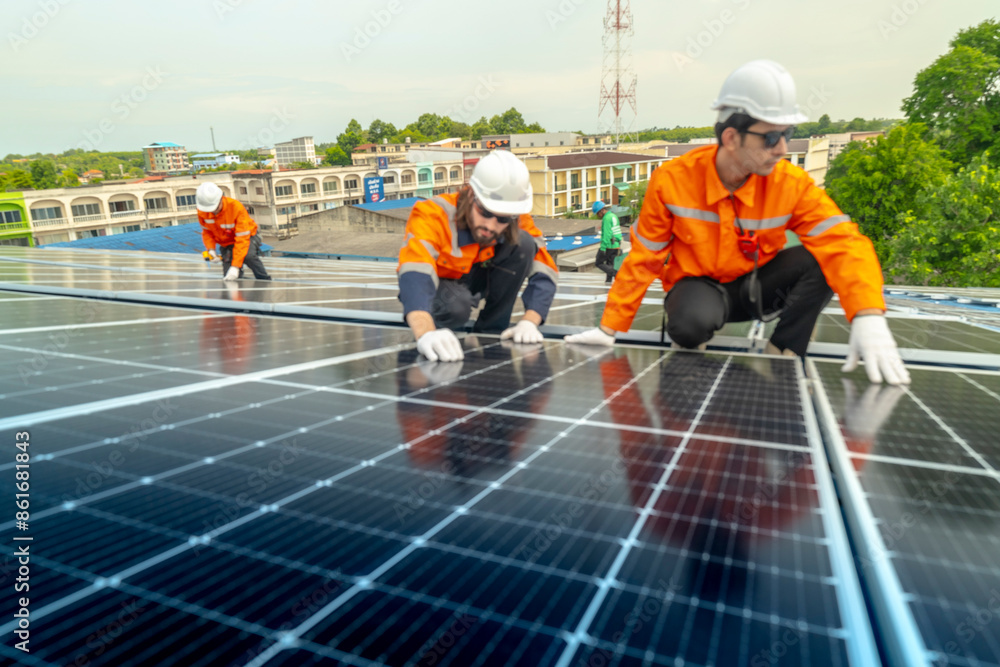 engineer man inspects construction of solar cell panel or photovoltaic cell by electronic device. Industrial Renewable energy of green power. factory worker working on tower roof. engineer man inspects construction of solar cell panel or photovoltaic cell by electronic device. Industrial Renewable energy of green power. factory worker working on tower roof.