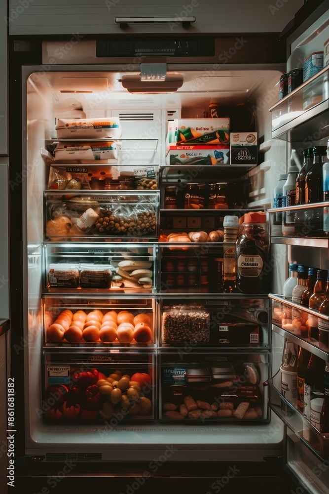 Open refrigerator stocked Open refrigerator stocked