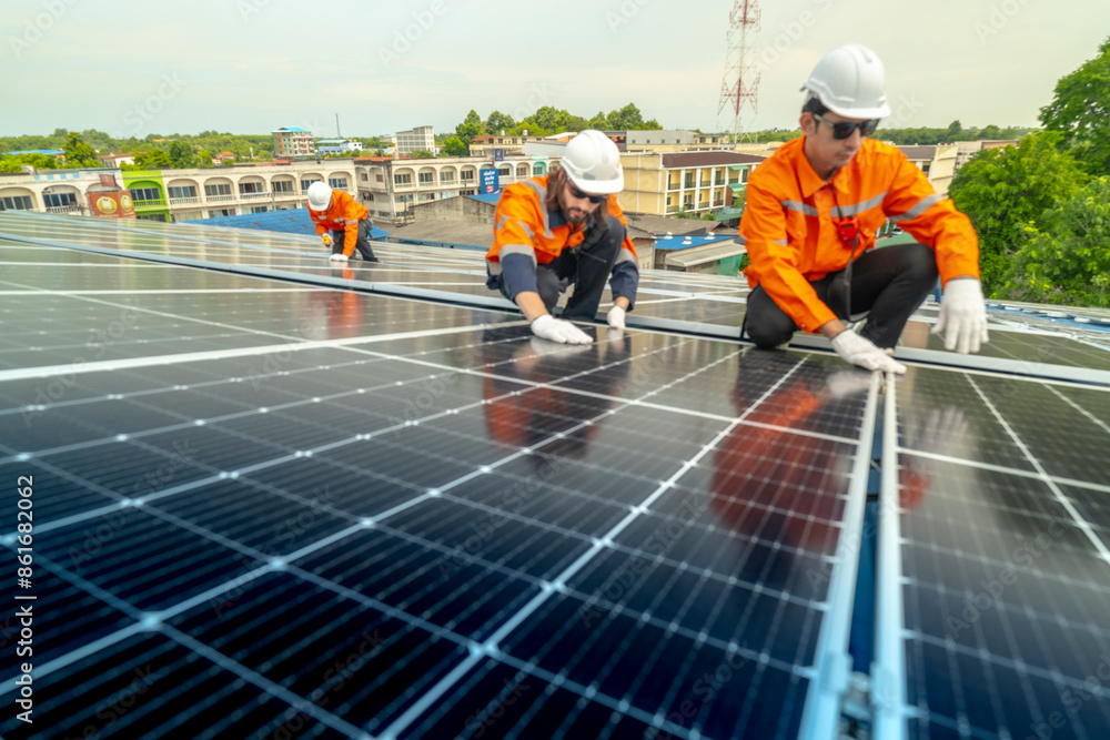 engineer man inspects construction of solar cell panel or photovoltaic cell by electronic device. Industrial Renewable energy of green power. factory worker working on tower roof. engineer man inspects construction of solar cell panel or photovoltaic cell by electronic device. Industrial Renewable energy of green power. factory worker working on tower roof.