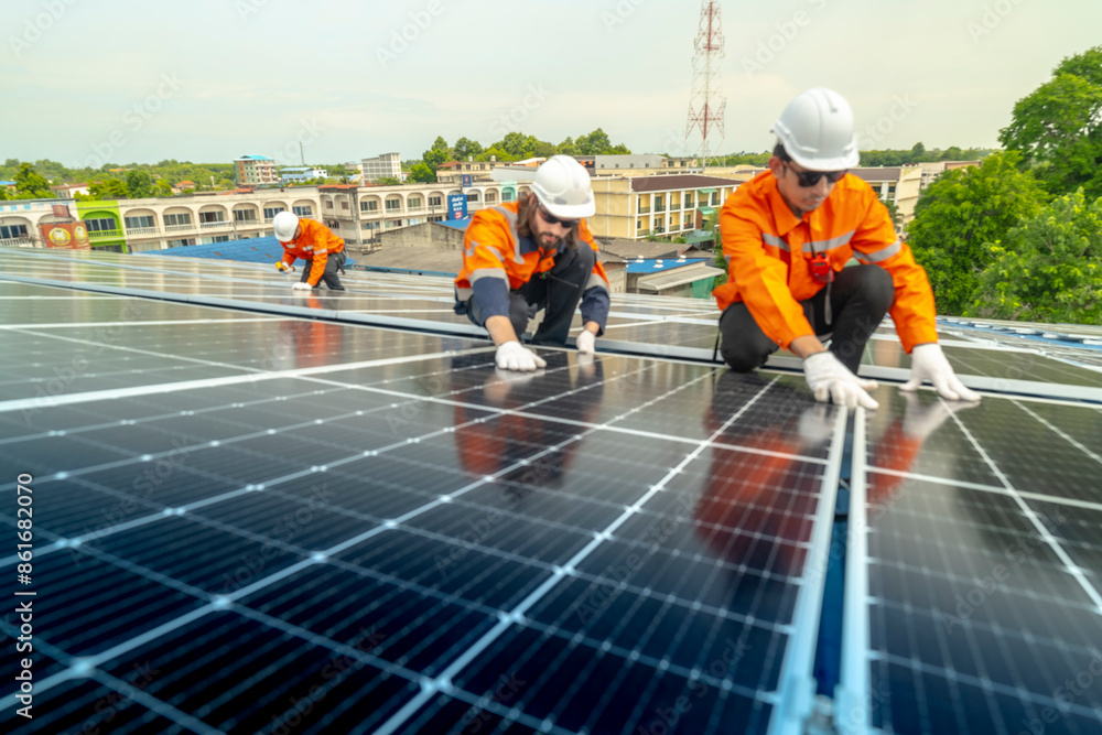 engineer man inspects construction of solar cell panel or photovoltaic cell by electronic device. Industrial Renewable energy of green power. factory worker working on tower roof. engineer man inspects construction of solar cell panel or photovoltaic cell by electronic device. Industrial Renewable energy of green power. factory worker working on tower roof.