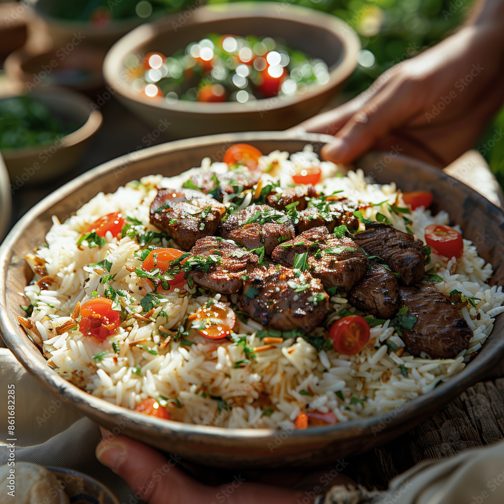 Close-up of human hands holding beef rice Close-up of human hands holding beef rice