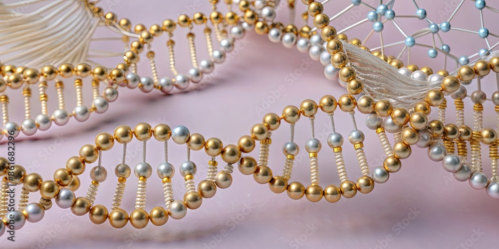 A gold and silver strand of beads with a DNA strand design A gold and silver strand of beads with a DNA strand design