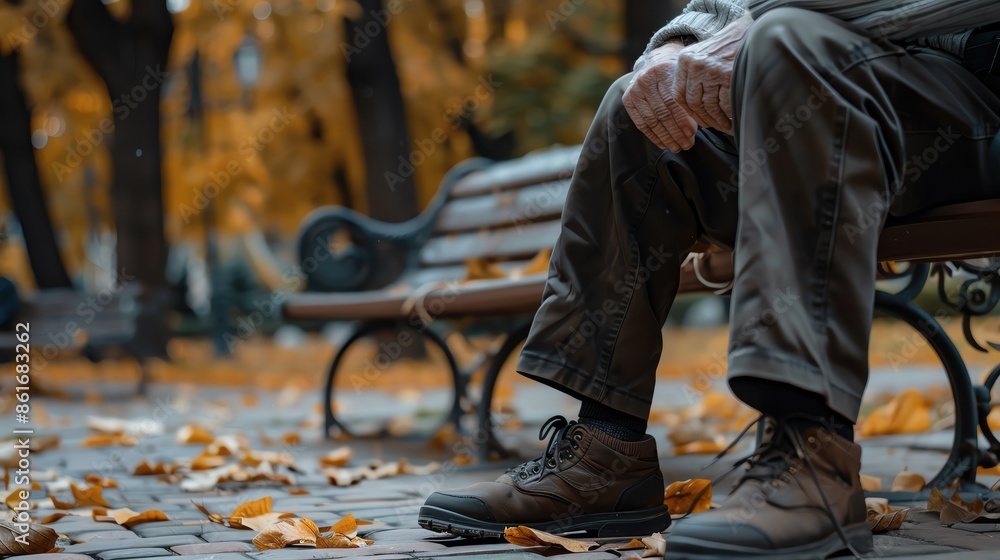Semi-close-up of an elderly man with leg pain, park bench background, detailed and clear focus on leg area, ample copy space Semi-close-up of an elderly man with leg pain, park bench background, detailed and clear focus on leg area, ample copy space