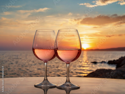 Two glasses of rose wine on the table in front of the sea at sunset. photo