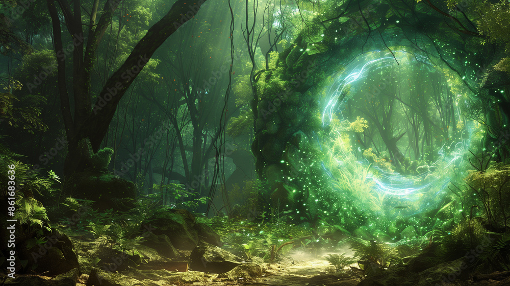 A mysterious portal in the middle of a forest, with swirling energy and a glimpse of another world beyond its shimmering threshold. A mysterious portal in the middle of a forest, with swirling energy and a glimpse of another world beyond its shimmering threshold.