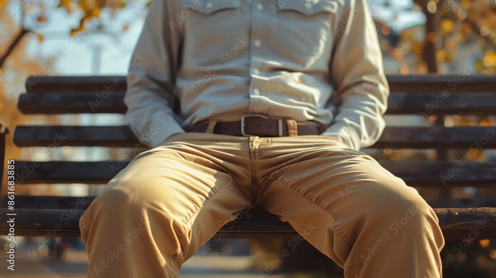 Semi-close-up of a man with hip pain, outdoor bench background, detailed skin texture, ample copy space Semi-close-up of a man with hip pain, outdoor bench background, detailed skin texture, ample copy space