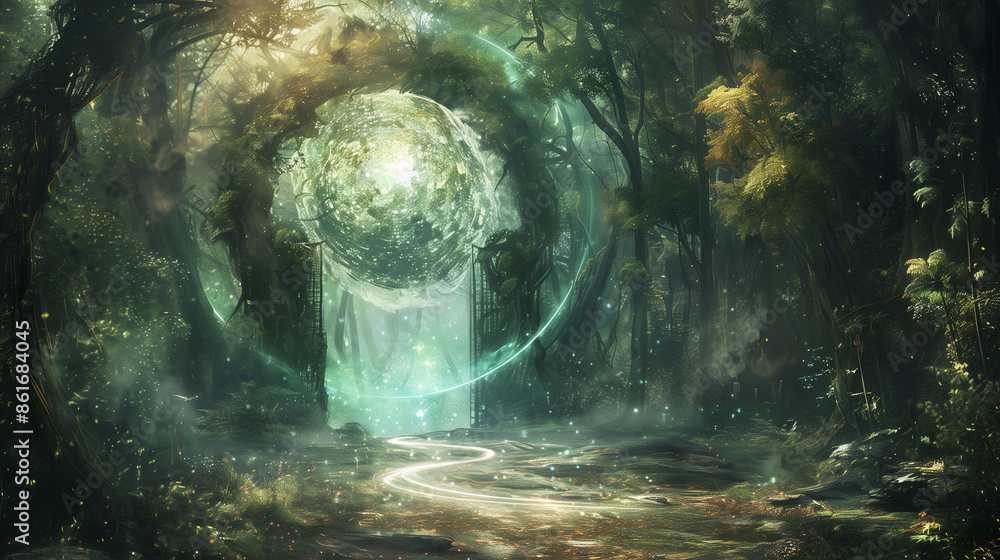 Obraz premium A mysterious portal in the middle of a forest, with swirling energy and a glimpse of another world beyond its shimmering threshold.