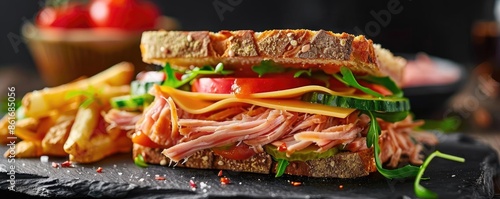 Close-up of a delicious pulled pork sandwich with fresh vegetables, cheese, and crispy fries on a dark background.