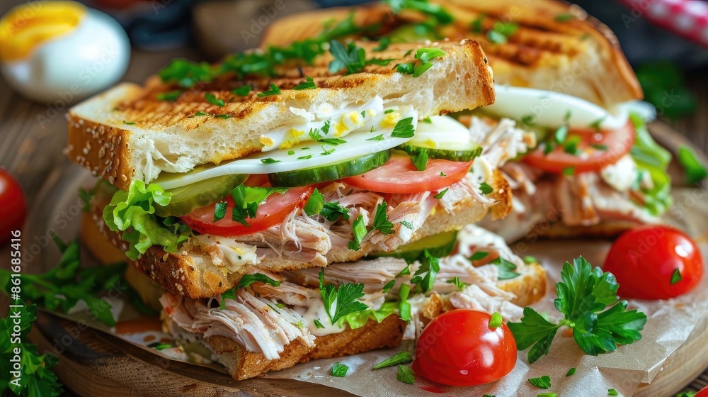 Delicious fresh sandwich with grilled bread, tender meat, tomato, cucumber, lettuce, and herbs served on a wooden table with cherry tomatoes. Delicious fresh sandwich with grilled bread, tender meat, tomato, cucumber, lettuce, and herbs served on a wooden table with cherry tomatoes.