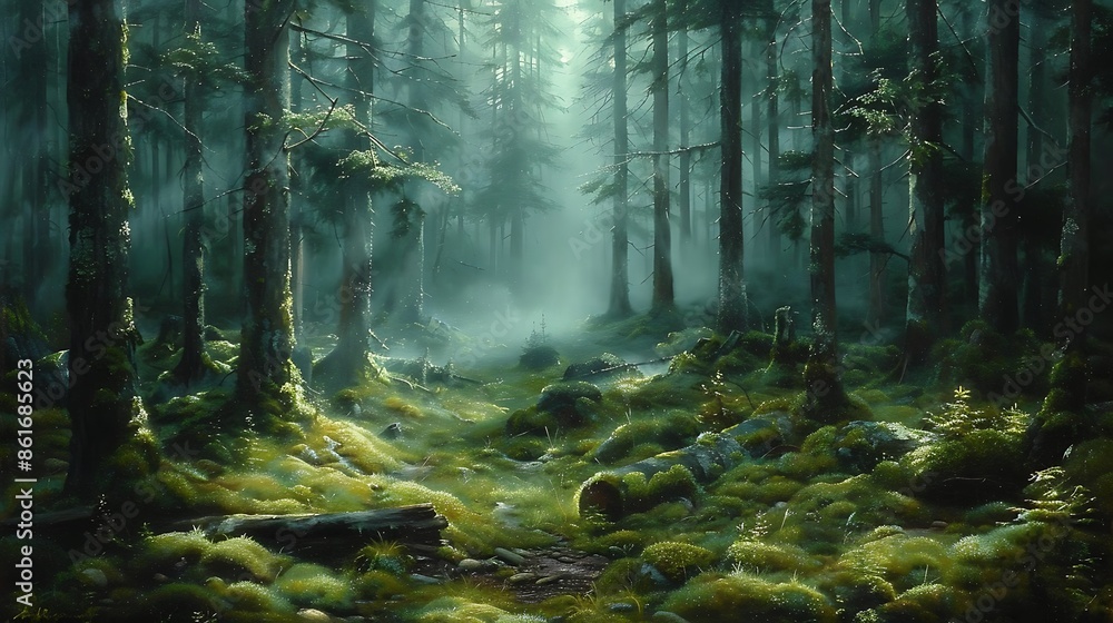 Obraz premium Oil painting of a dense forest shrouded in morning mist, with fallen logs covered in moss scattered across the forest floor.