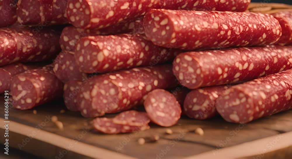 Salami sticks stacked at a market stand Video 4k Salami sticks stacked at a market stand Video 4k