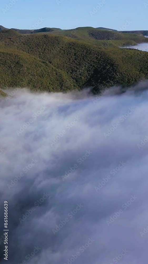 Green Mountains and Clouds Inversion on Sunny Day. Aerial Drone Reveal Shot. Madeira, Portugal. Moving Forward, Tilt Up. Vertical Video Green Mountains and Clouds Inversion on Sunny Day. Aerial Drone Reveal Shot. Madeira, Portugal. Moving Forward, Tilt Up. Vertical Video