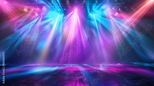 A stage with bright, colorful spotlights and beams of light forming an abstract montage of effects against a blurred background, emphasizing dynamic lighting patterns. 