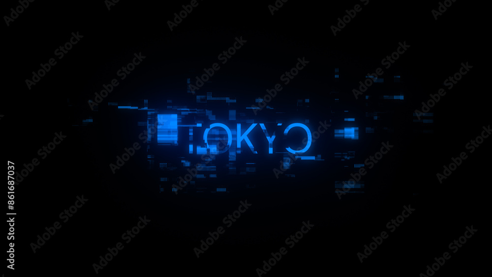 3D rendering Tokyo text with screen effects of technological glitches 3D rendering Tokyo text with screen effects of technological glitches