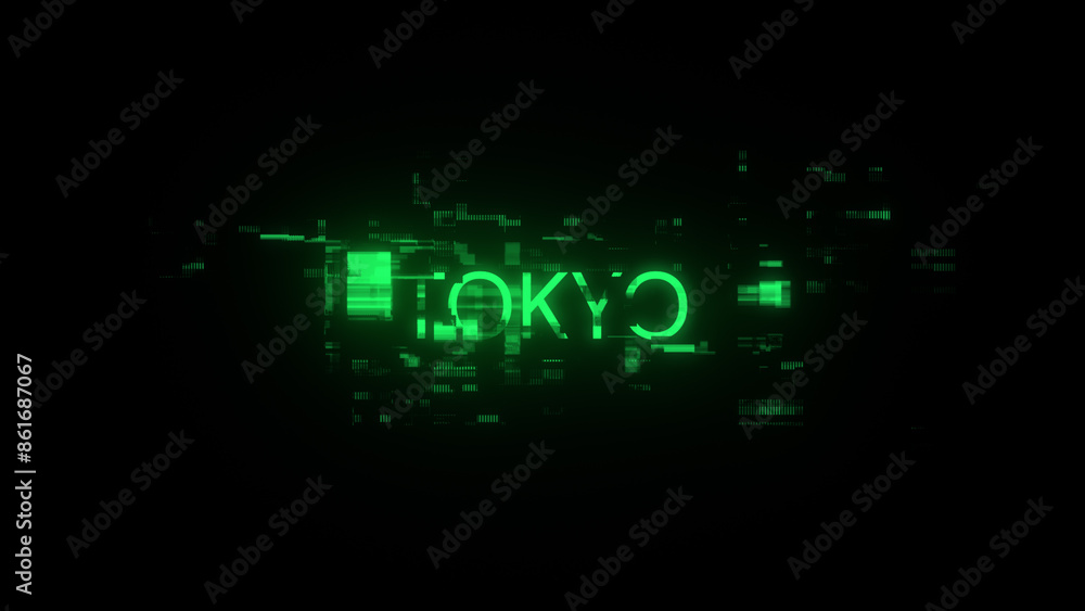 3D rendering Tokyo text with screen effects of technological glitches 3D rendering Tokyo text with screen effects of technological glitches