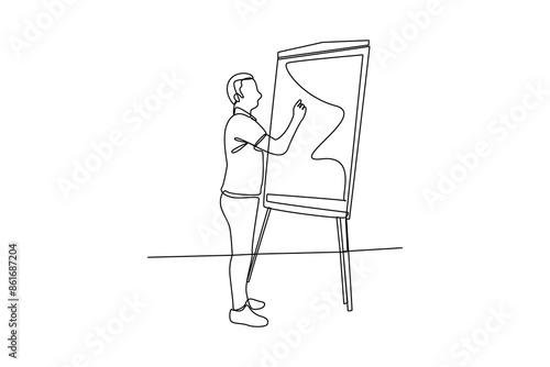 One continuous line drawing of a man is explaining a project design on a white board during a meeting. Business Project minimalist concept. Single line draw vector graphic design illustration