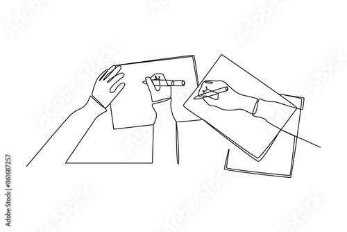 One continuous line drawing of two young people are designing a project on paper. Business Project minimalist concept. Single line draw vector graphic design illustration