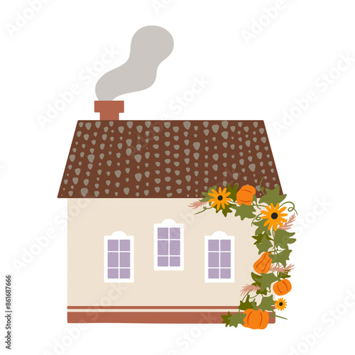 Cute autumn house vector illustration. Cozy country cottage with chimney smoke decorated with pumpkins and sunflowers in hand-drawn flat style isolated on white background. Fall cottagecore drawing