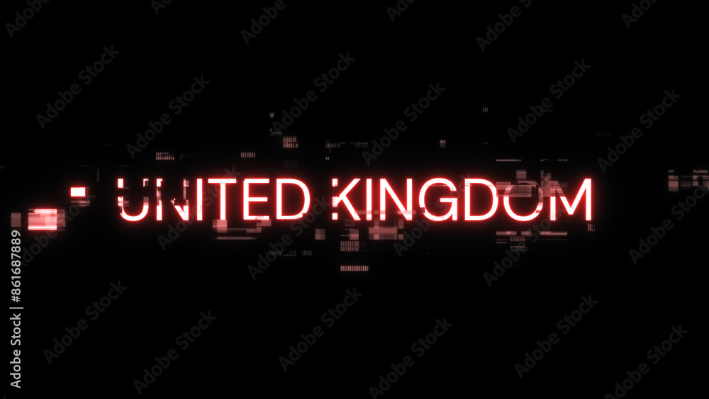 3D rendering United Kingdom text with screen effects of technological glitches