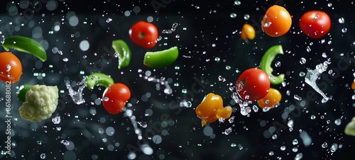 Super slow-motion footage of flying pieces of colorful vegetables and drops of water on a black background 