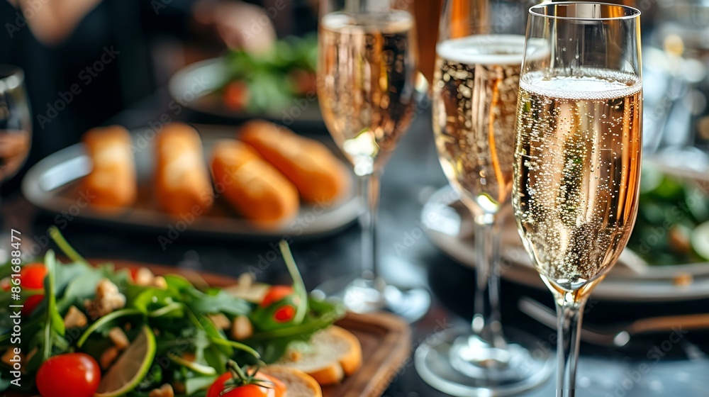 Glasses of champagne and food arranged on a table, creating an elegant and celebratory atmosphere.
Glasses of champagne and food arranged on a table, creating an elegant and celebratory atmosphere.