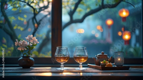 Two glasses of wine and a vase of flowers elegantly arranged on a table, creating a charming and inviting ambiance.