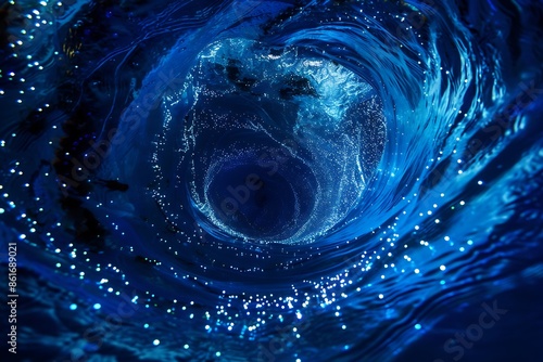 A vortex of bioluminescent plankton in the deep blue sea