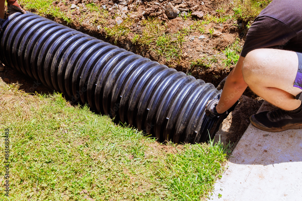 Obraz premium Installation of plastic black pipes for draining rainwater to central collector