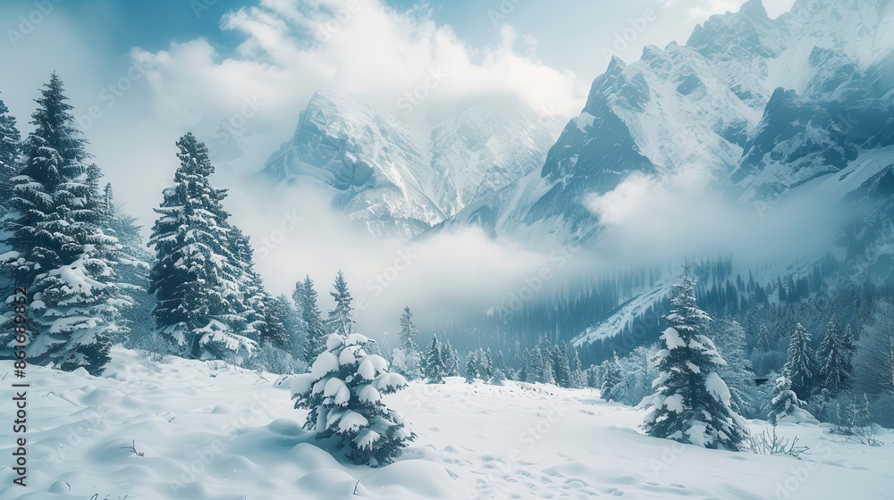 serene winter landscape in the majestic snowcapped mountains photography serene winter landscape in the majestic snowcapped mountains photography