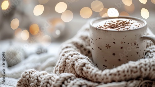 Wintery background with a mug of hot chocolate, cozy and inviting