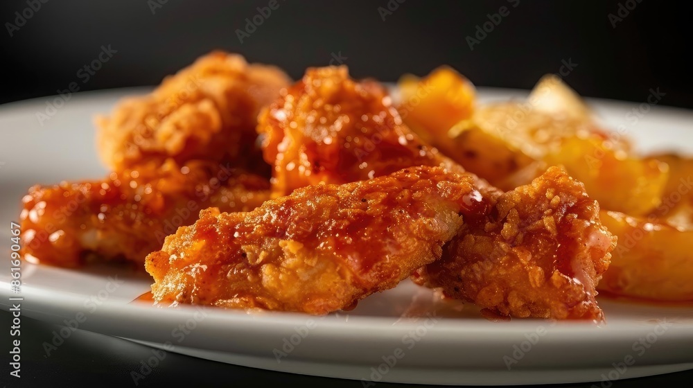 Close-up of crispy fried chicken tenders with golden French fries on a white plate, perfect for food imagery and culinary content. Close-up of crispy fried chicken tenders with golden French fries on a white plate, perfect for food imagery and culinary content.