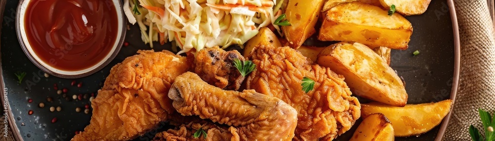 Delicious fried chicken served with crispy potato wedges, creamy coleslaw, and a side of tangy ketchup on a dark plate. Delicious fried chicken served with crispy potato wedges, creamy coleslaw, and a side of tangy ketchup on a dark plate.