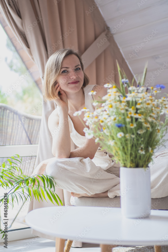Beautiful successful businesswoman at home with modern renovation. Business coach, online courses, marketing sales trainer. Blogger or influencer concept. Beautiful successful businesswoman at home with modern renovation. Business coach, online courses, marketing sales trainer. Blogger or influencer concept.