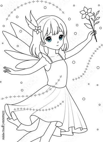 Cute kawaii fairy with sparkling wings holding wildflower isolated on white background outline coloring page for kids