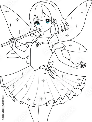Cute kawaii fairy with sparkling wings and flute isolated on white background outline coloring page for kids