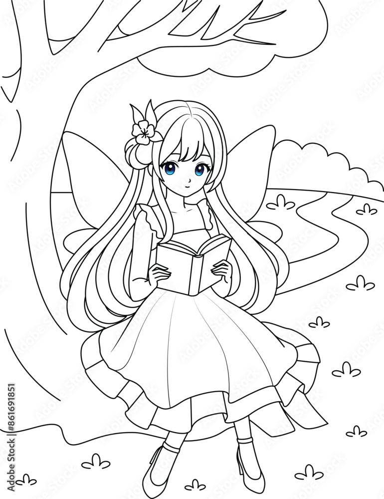 Cute kawaii fairy reading book under the tree outline coloring page for kids Cute kawaii fairy reading book under the tree outline coloring page for kids