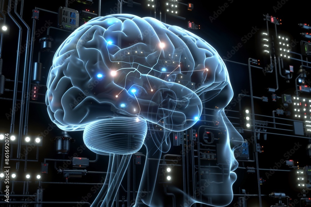 Digital brain with neural connections, showcasing advanced artificial intelligence, tech innovation, glowing circuits Digital brain with neural connections, showcasing advanced artificial intelligence, tech innovation, glowing circuits