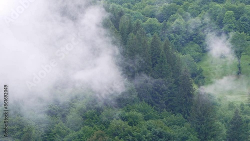Misty Carpathian Mountains fog clouds 4K footage motion landscape. High altitude mountain view in valley Scenic forest rainy day, the mist is enshrouding the hills trees Carpathians wood Europe travel