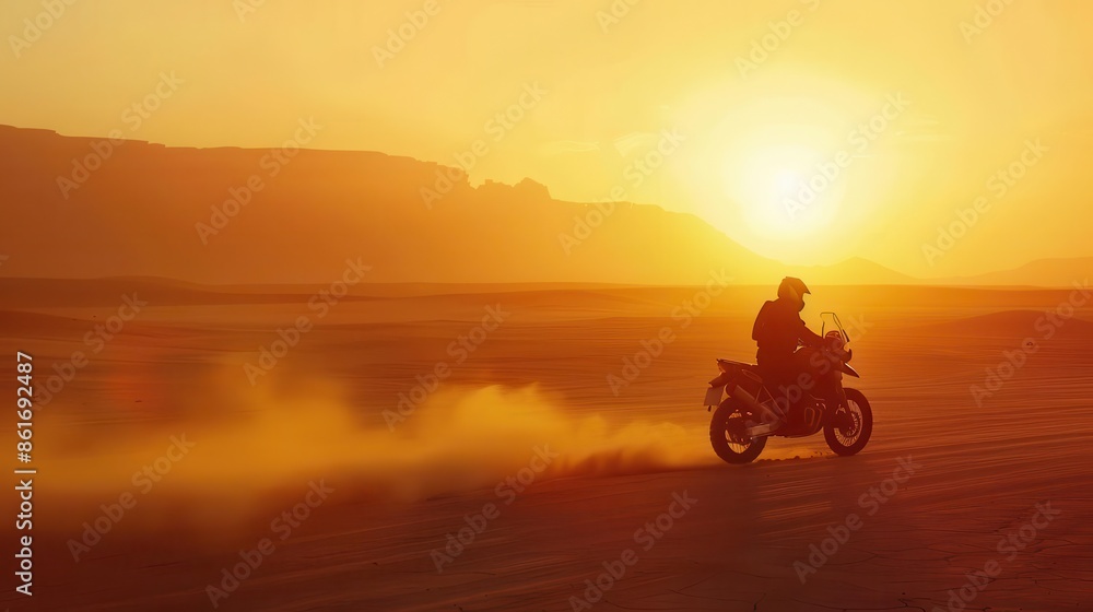 Fototapeta premium silhouette of lone motorcyclist riding through vast desert at sunset