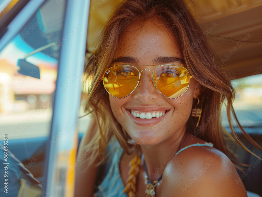 A young woman with brown hair and freckles smiles as she rides in a car, wearing large yellow sunglasses. A young woman with brown hair and freckles smiles as she rides in a car, wearing large yellow sunglasses.
